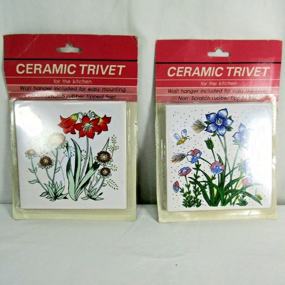 Floral Ceramic Trivet Tile Art Lot 2 Wall Hanger - Picture 1 of 6
